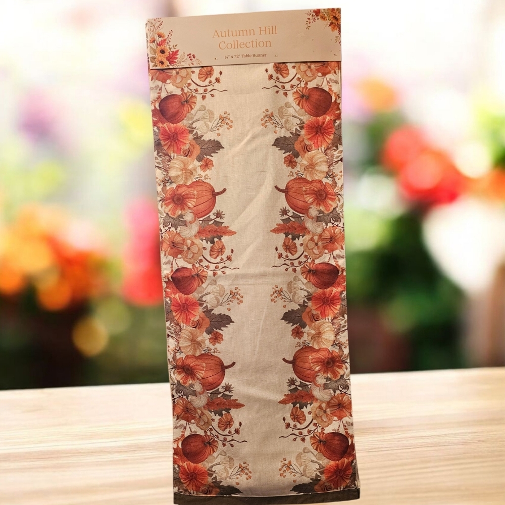 Pumpkins and fall florals table runner.